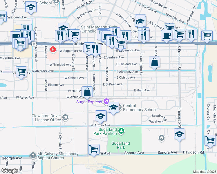 map of restaurants, bars, coffee shops, grocery stores, and more near 725 South Deane Duff Avenue in Clewiston