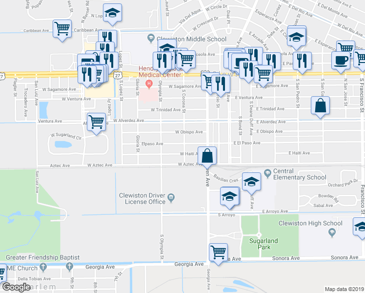 map of restaurants, bars, coffee shops, grocery stores, and more near 400 Elpaso Avenue in Clewiston