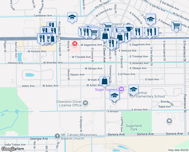 map of restaurants, bars, coffee shops, grocery stores, and more near 407 West Haiti Avenue in Clewiston