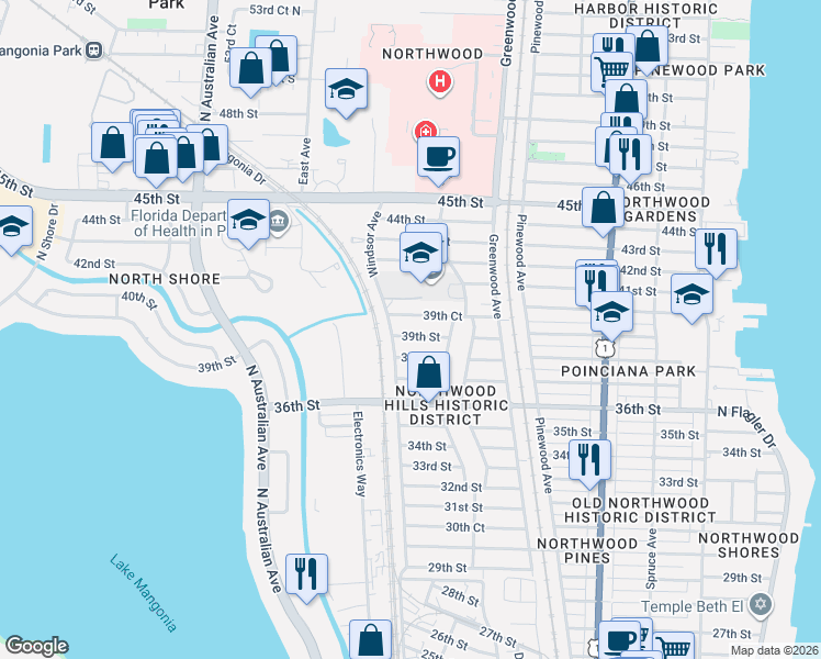 map of restaurants, bars, coffee shops, grocery stores, and more near 932 39th Street in West Palm Beach