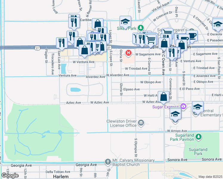 map of restaurants, bars, coffee shops, grocery stores, and more near 614 West Obispo Avenue in Clewiston
