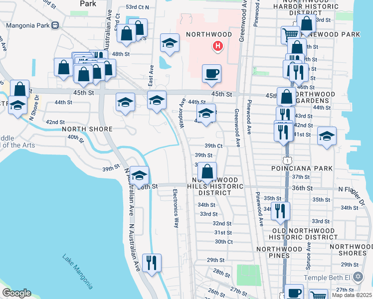 map of restaurants, bars, coffee shops, grocery stores, and more near 4031 Windsor Avenue in West Palm Beach