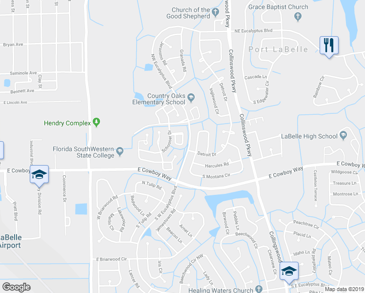 map of restaurants, bars, coffee shops, grocery stores, and more near 2024 Steamboat Circle in LaBelle