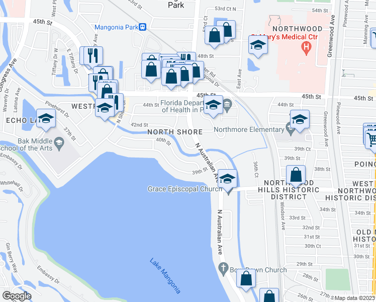 map of restaurants, bars, coffee shops, grocery stores, and more near 1422 42nd Street in West Palm Beach