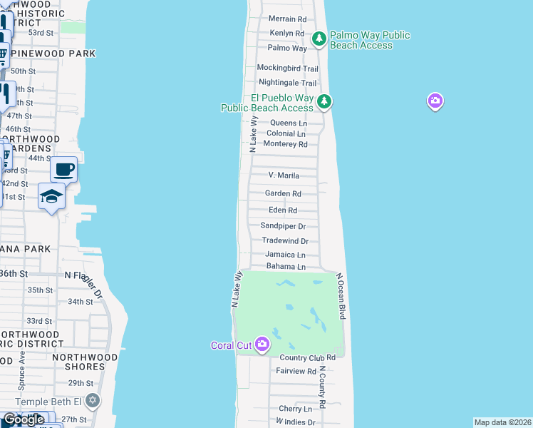 map of restaurants, bars, coffee shops, grocery stores, and more near 323 Eden Road in Palm Beach