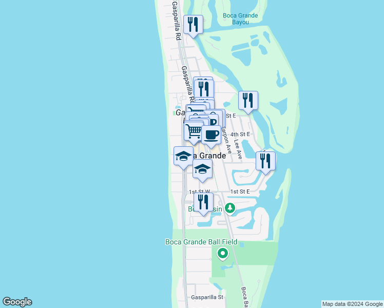 map of restaurants, bars, coffee shops, grocery stores, and more near 3rd Street West in Boca Grande