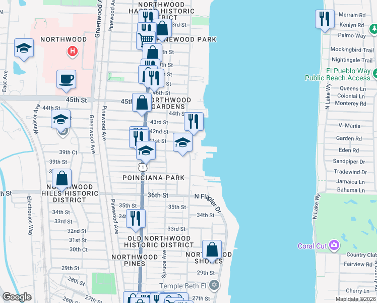 map of restaurants, bars, coffee shops, grocery stores, and more near N Flagler Dr & 40th St in West Palm Beach
