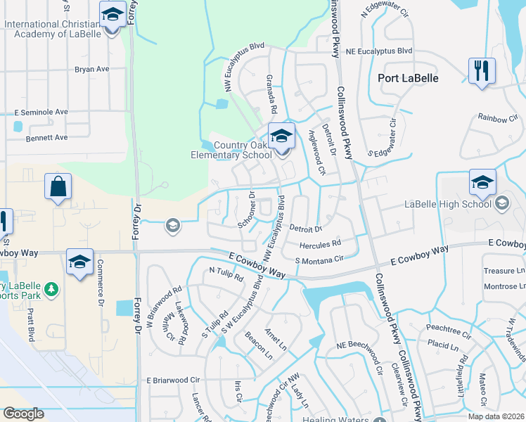 map of restaurants, bars, coffee shops, grocery stores, and more near 2013 Steamboat Circle in LaBelle