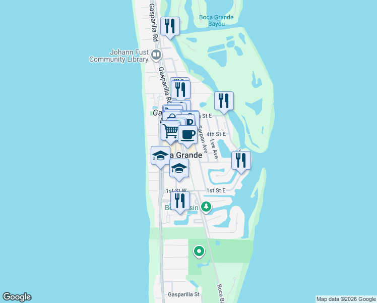 map of restaurants, bars, coffee shops, grocery stores, and more near in Boca Grande