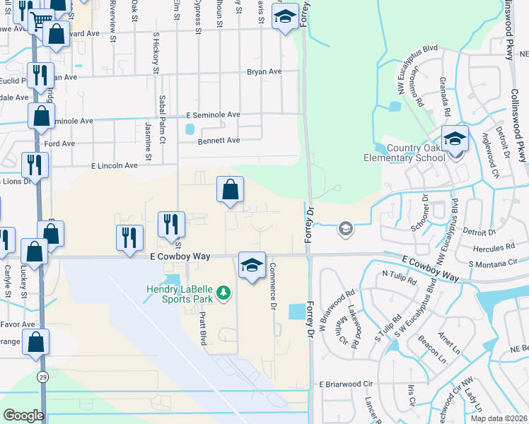 map of restaurants, bars, coffee shops, grocery stores, and more near 805 Industrial Boulevard in LaBelle