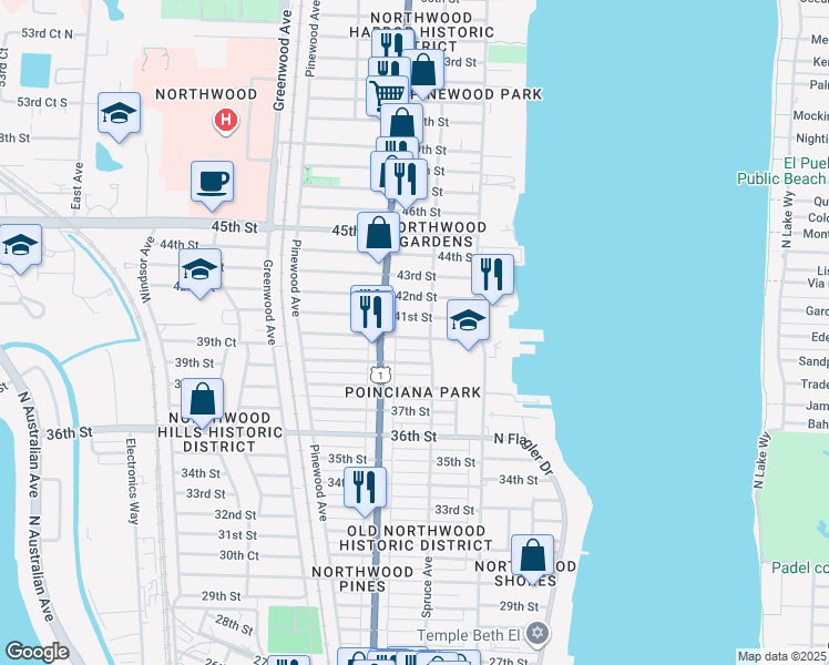 map of restaurants, bars, coffee shops, grocery stores, and more near 515 40th Street in West Palm Beach