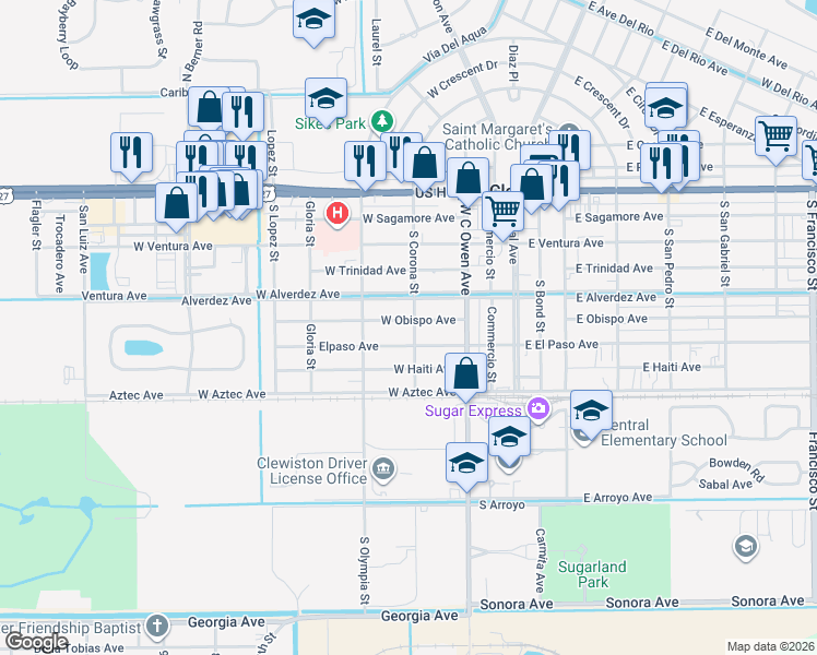 map of restaurants, bars, coffee shops, grocery stores, and more near 400 West Obispo Avenue in Clewiston