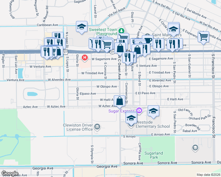 map of restaurants, bars, coffee shops, grocery stores, and more near 318 West Obispo Avenue in Clewiston