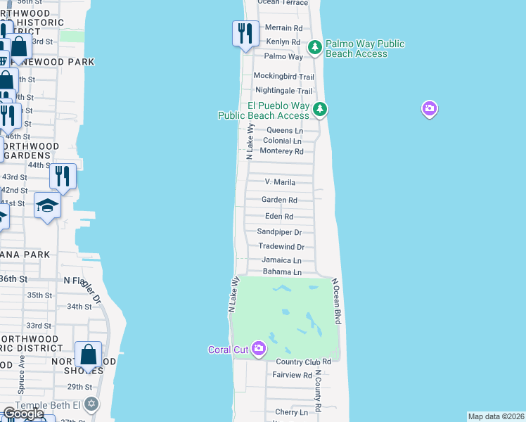 map of restaurants, bars, coffee shops, grocery stores, and more near 323 Eden Road in Palm Beach