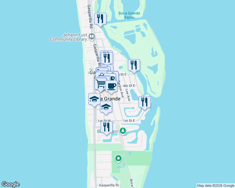 map of restaurants, bars, coffee shops, grocery stores, and more near 330 Palm Avenue in Boca Grande