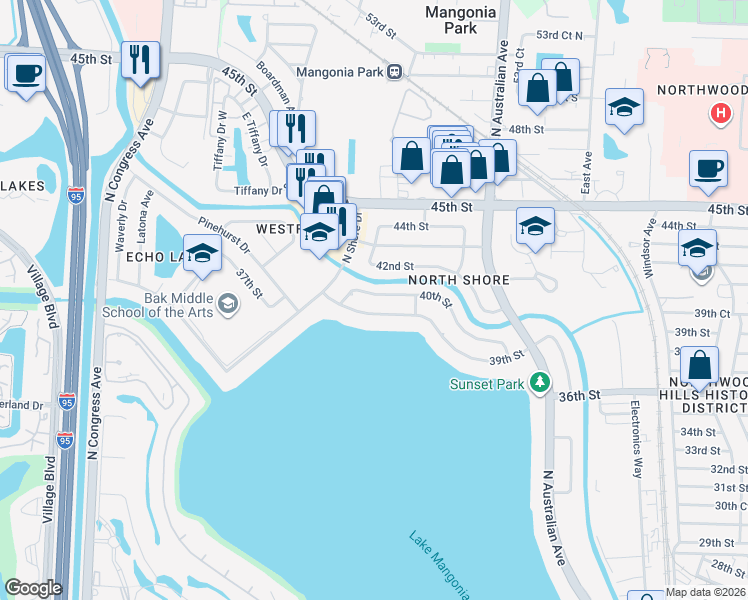 map of restaurants, bars, coffee shops, grocery stores, and more near 1644 40th Street in West Palm Beach