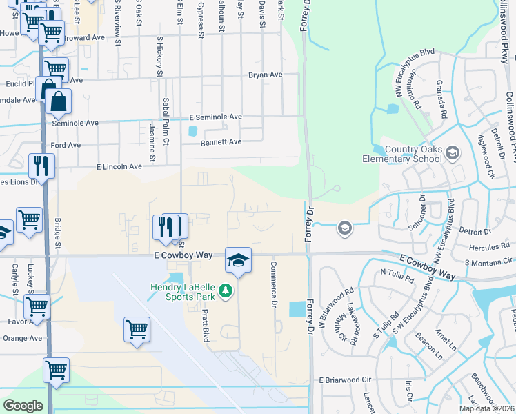 map of restaurants, bars, coffee shops, grocery stores, and more near 805 Industrial Boulevard in LaBelle