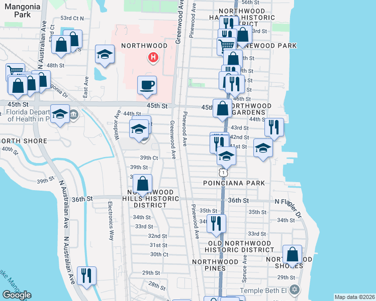 map of restaurants, bars, coffee shops, grocery stores, and more near 729 40th Street in West Palm Beach