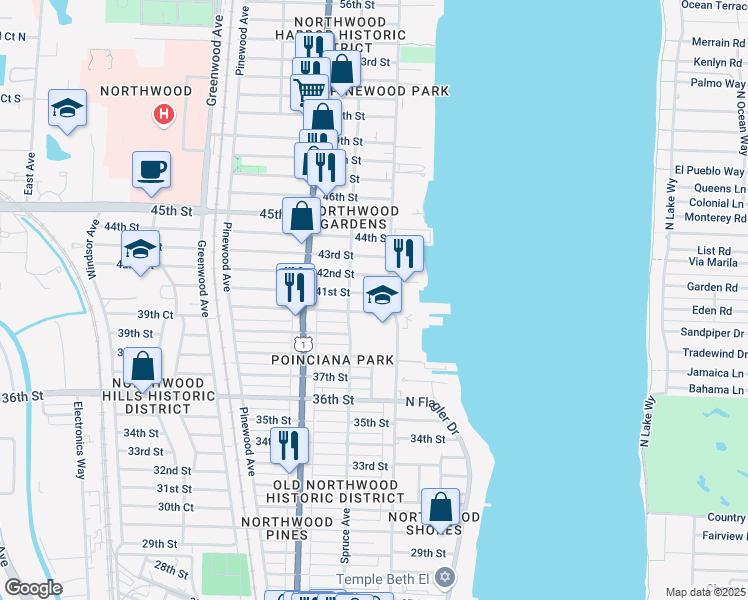 map of restaurants, bars, coffee shops, grocery stores, and more near 412 41st Street in West Palm Beach