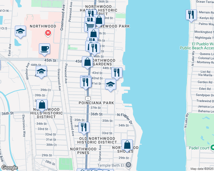 map of restaurants, bars, coffee shops, grocery stores, and more near 416 41st Street in West Palm Beach