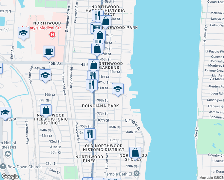 map of restaurants, bars, coffee shops, grocery stores, and more near 424 41st Street in West Palm Beach