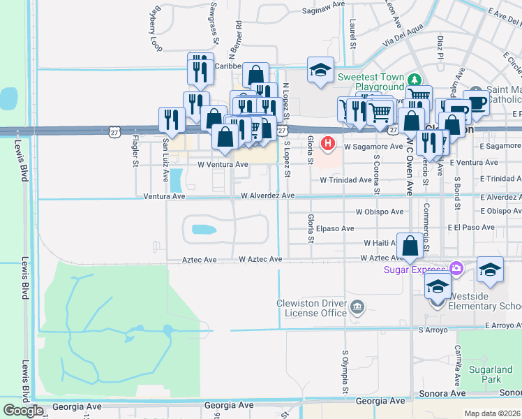 map of restaurants, bars, coffee shops, grocery stores, and more near 104 East Sugarland Circle in Clewiston