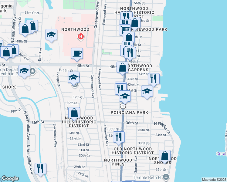 map of restaurants, bars, coffee shops, grocery stores, and more near 636 41st Street in West Palm Beach