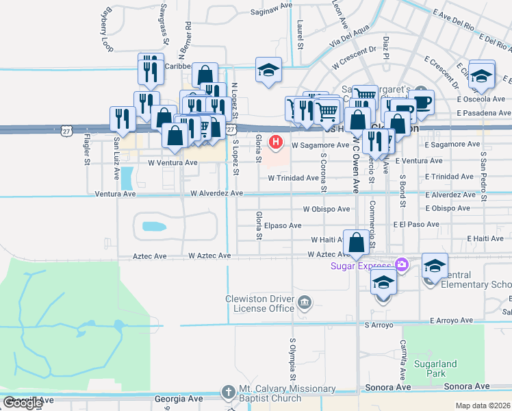 map of restaurants, bars, coffee shops, grocery stores, and more near 614 West Obispo Avenue in Clewiston