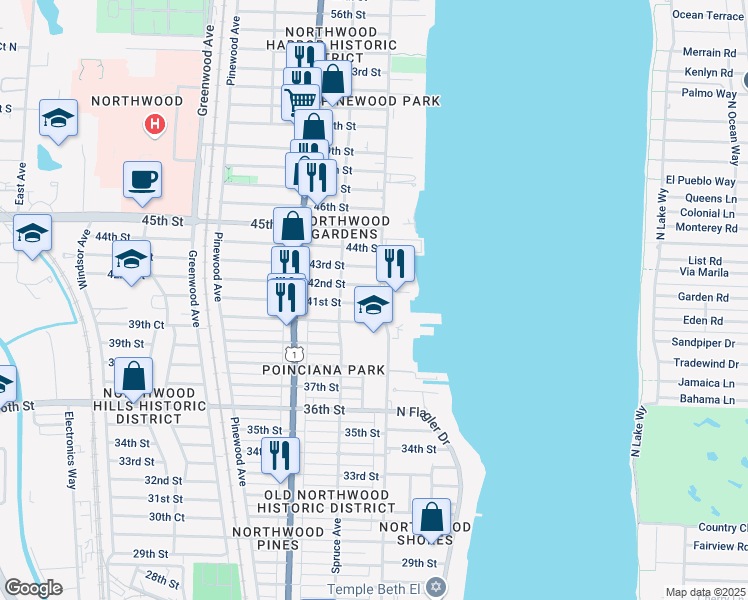 map of restaurants, bars, coffee shops, grocery stores, and more near 412 41st Street in West Palm Beach