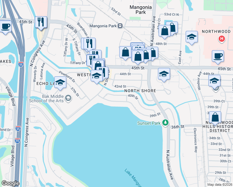 map of restaurants, bars, coffee shops, grocery stores, and more near 1644 40th Street in West Palm Beach