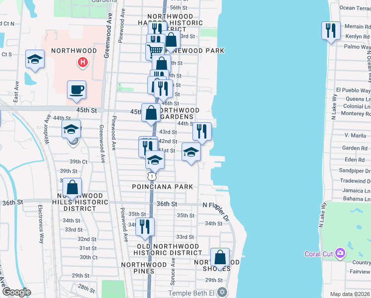 map of restaurants, bars, coffee shops, grocery stores, and more near 412 41st Street in West Palm Beach