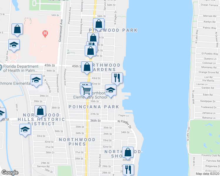map of restaurants, bars, coffee shops, grocery stores, and more near 412 41st Street in West Palm Beach
