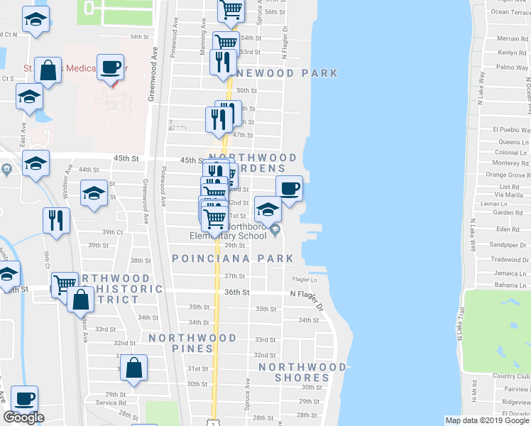 map of restaurants, bars, coffee shops, grocery stores, and more near 412 41st Street in West Palm Beach