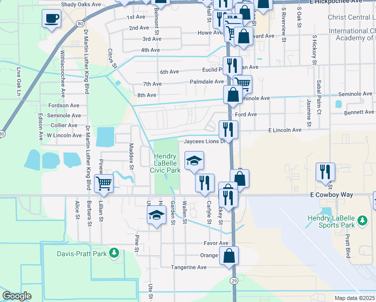 map of restaurants, bars, coffee shops, grocery stores, and more near 735 Jaycee Lions Drive in LaBelle