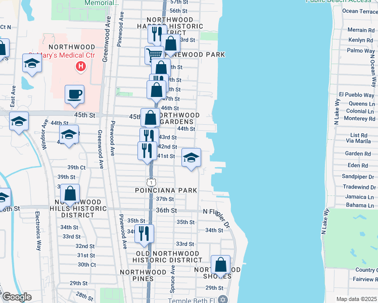 map of restaurants, bars, coffee shops, grocery stores, and more near 418 43rd Street in West Palm Beach