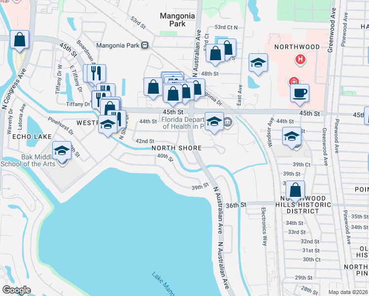 map of restaurants, bars, coffee shops, grocery stores, and more near 4349 North Australian Avenue in West Palm Beach