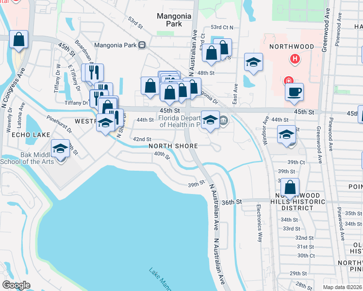 map of restaurants, bars, coffee shops, grocery stores, and more near 4349 North Australian Avenue in West Palm Beach