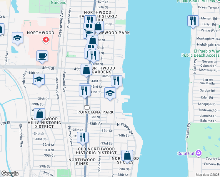 map of restaurants, bars, coffee shops, grocery stores, and more near 418 43rd Street in West Palm Beach