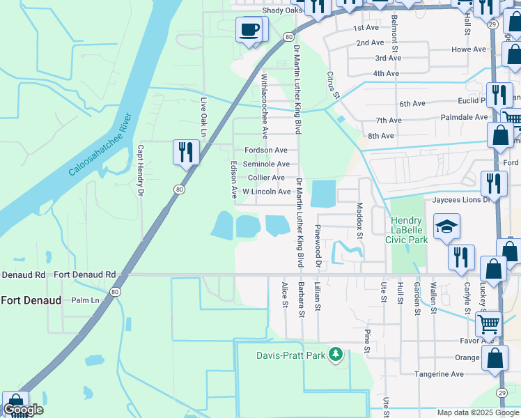map of restaurants, bars, coffee shops, grocery stores, and more near 919 Edison Avenue in LaBelle