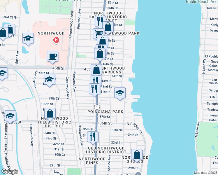 map of restaurants, bars, coffee shops, grocery stores, and more near 510 43rd Street in West Palm Beach
