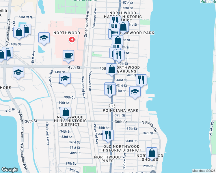 map of restaurants, bars, coffee shops, grocery stores, and more near 4305 Broadway Avenue in West Palm Beach