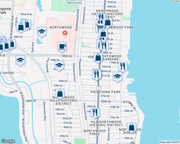 map of restaurants, bars, coffee shops, grocery stores, and more near 703 42nd Street in West Palm Beach