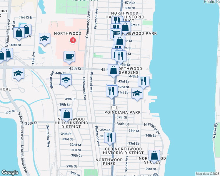 map of restaurants, bars, coffee shops, grocery stores, and more near 4305 Broadway Avenue in West Palm Beach