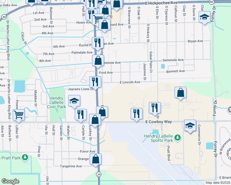 map of restaurants, bars, coffee shops, grocery stores, and more near 155 East Lincoln Avenue in LaBelle