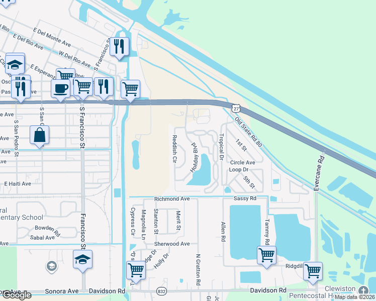 map of restaurants, bars, coffee shops, grocery stores, and more near 334 Holiday Boulevard in Clewiston