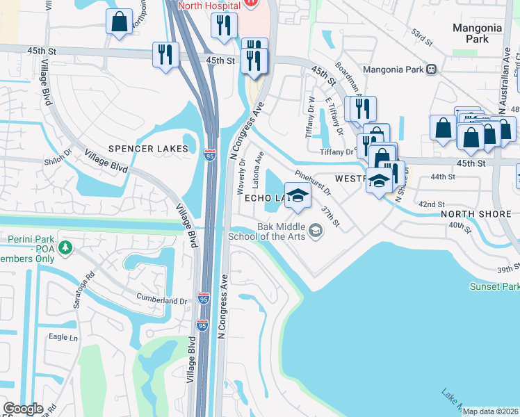 map of restaurants, bars, coffee shops, grocery stores, and more near 4016 Latona Avenue in West Palm Beach