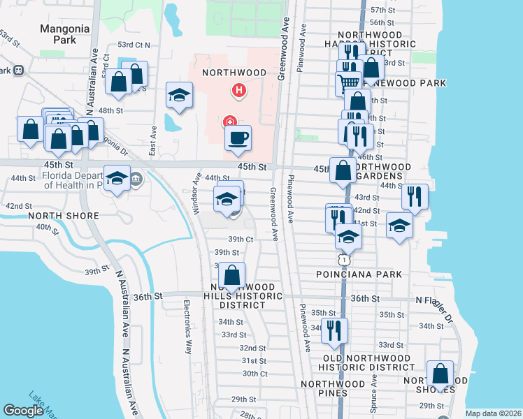 map of restaurants, bars, coffee shops, grocery stores, and more near 4301 Greenwood Avenue in West Palm Beach