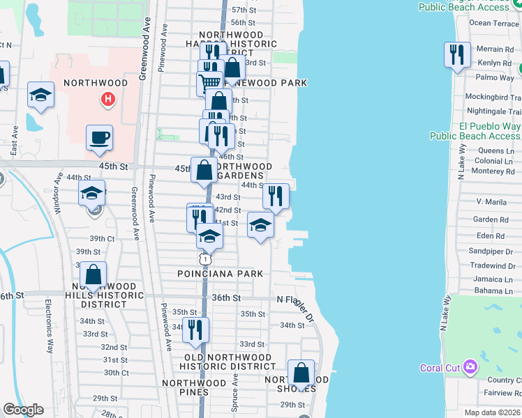 map of restaurants, bars, coffee shops, grocery stores, and more near 418 43rd Street in West Palm Beach