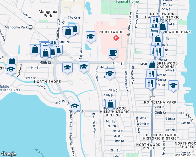 map of restaurants, bars, coffee shops, grocery stores, and more near 972 42nd Street in West Palm Beach