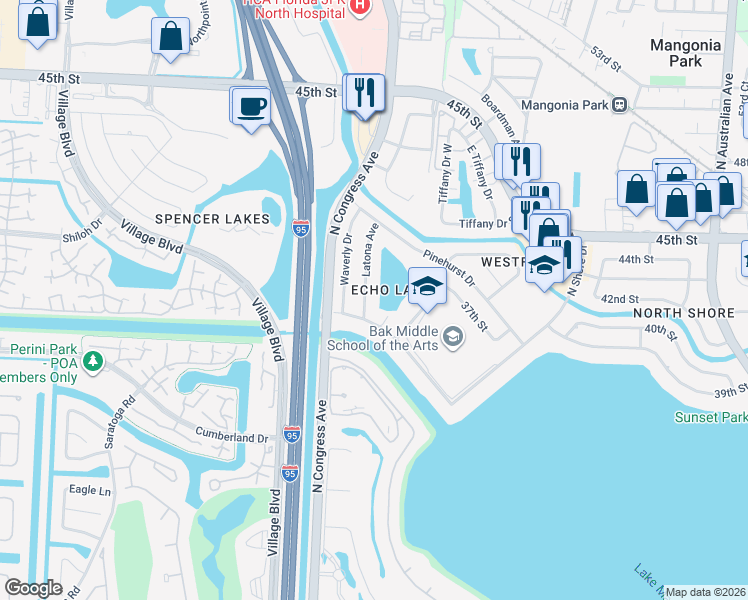 map of restaurants, bars, coffee shops, grocery stores, and more near 4016 Latona Avenue in West Palm Beach